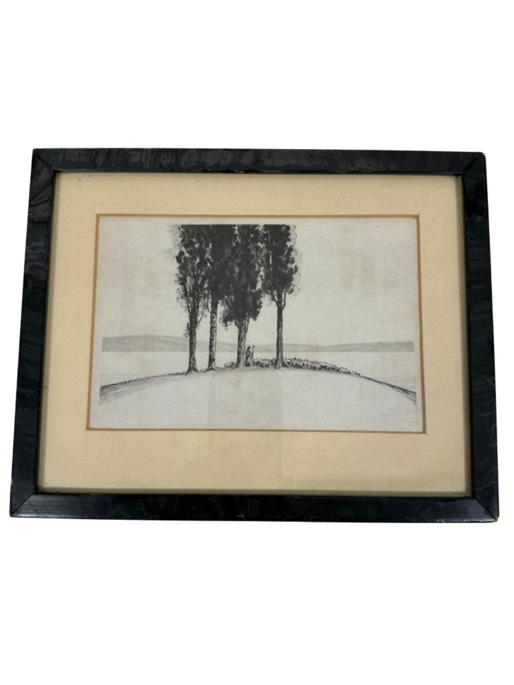 Vintage Landscape Print Of Trees + Shepherd Scene Monochromatic Black Framed